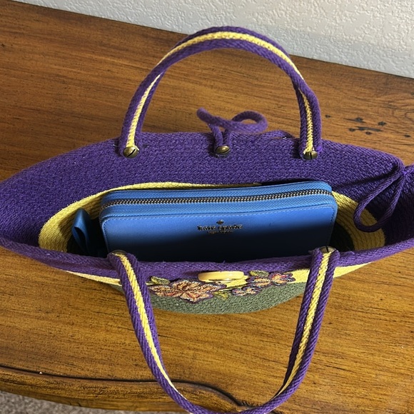 Unique Woven Rope Jute Bucket Floral Embroidered Purple and Green Handbag - Picture 14 of 16